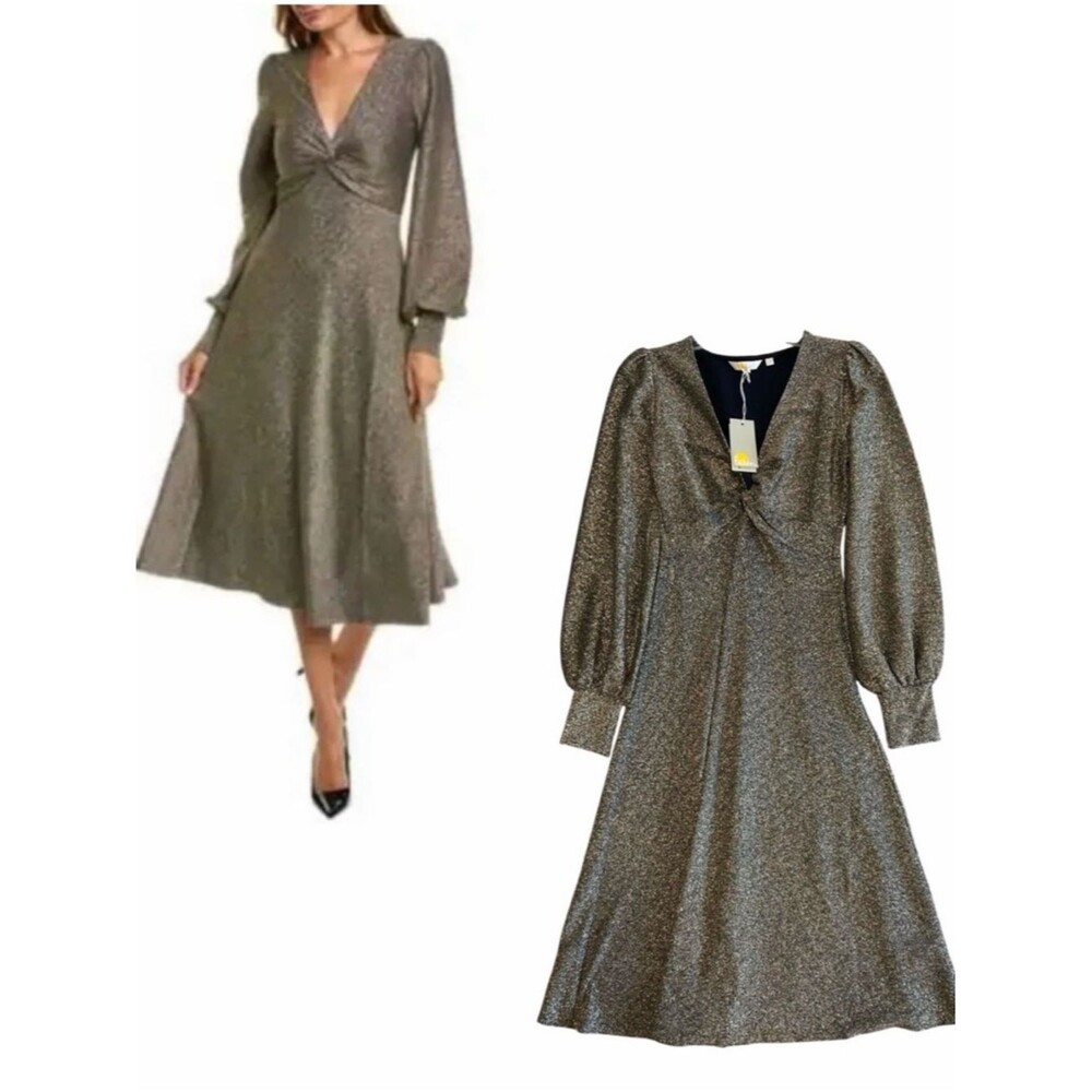 BODEN NWT Long Bishop Sleeve Black/Gold Metallic Shimmer Jersey Midi Dress 2P